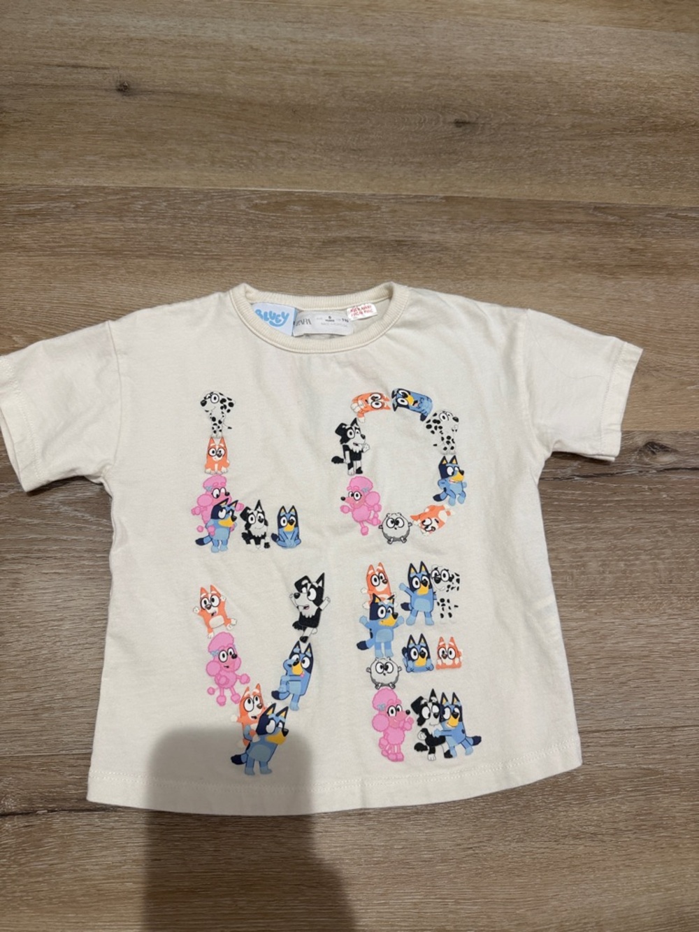 Zara Cream Kids Tee with Bluey Characters 'LOVE' Graphic